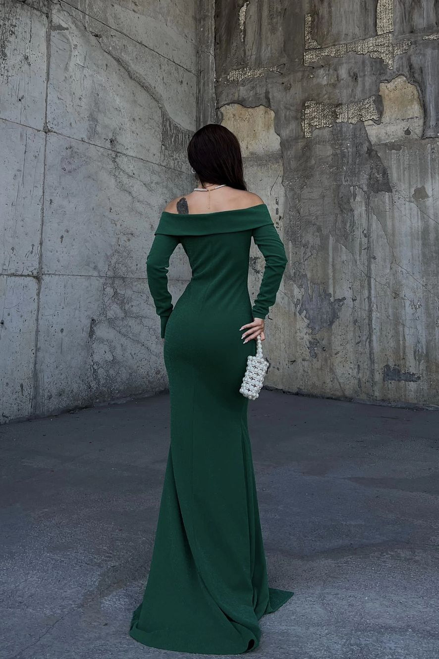 Weitese Dress Stunning Dark Green Strapless Long Sleeves Deep V Neck Mermaid Evening Dress with Split Prom Dress